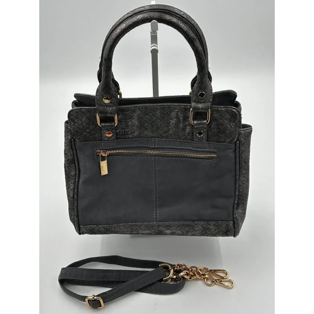 Deux Lux Satchel Tote Women Gray Faux Leather Croc Embossed Metallic Chain Strap